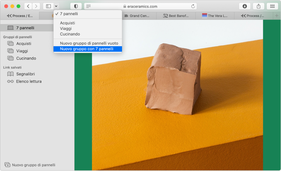 Una finestra di Safari che mostra la barra laterale con i gruppi di pannelli esistenti, la finestra principale con diversi pannelli aperti e le opzioni per creare un nuovo gruppo di pannelli.