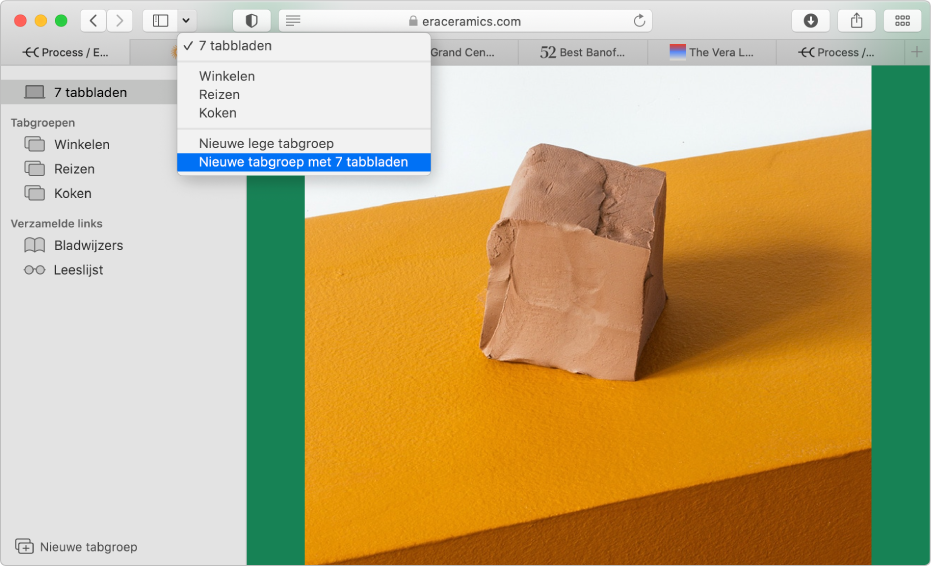 Een Safari-venster met de navigatiekolom met bestaande tabgroepen, het hoofdvenster met een aantal geopende tabbladen en opties voor het aanmaken van een nieuwe tabgroep.