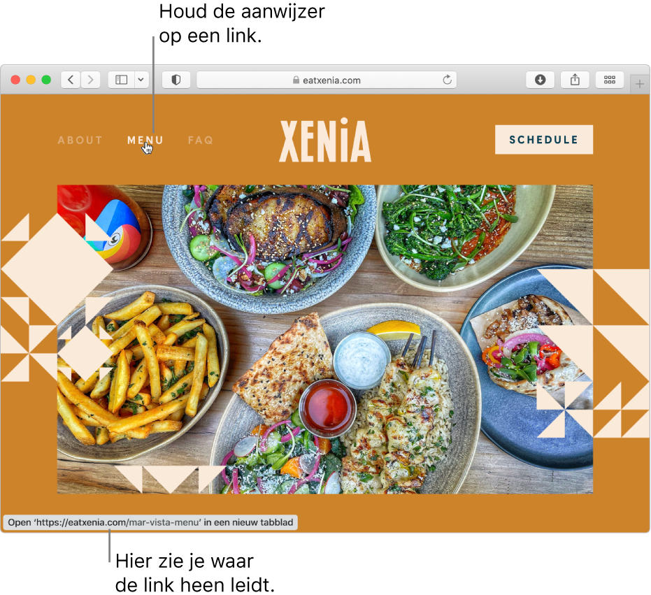 De aanwijzer op een link op een webpagina en de URL van de link in de statusbalk onder in het venster.