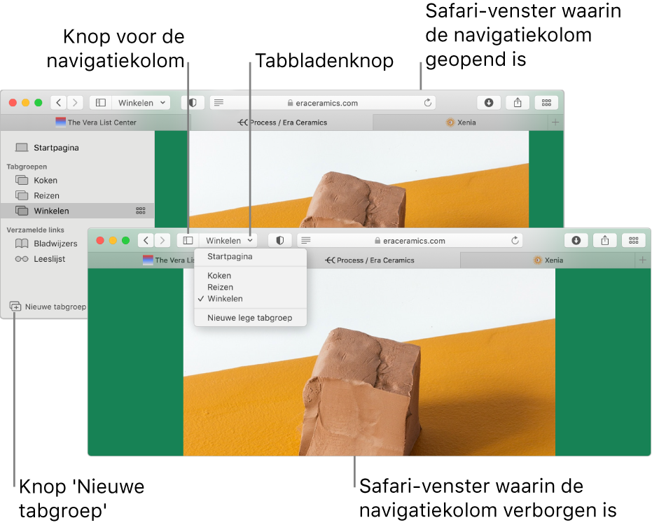 Tabgroepen in twee Safari-vensters. Het ene venster toont de tabgroepen in een lijst onder de pijl-omlaag naast de knop voor de navigatiekolom in de knoppenbalk. Het andere venster toont dezelfde tabgroepen in de navigatiekolom.