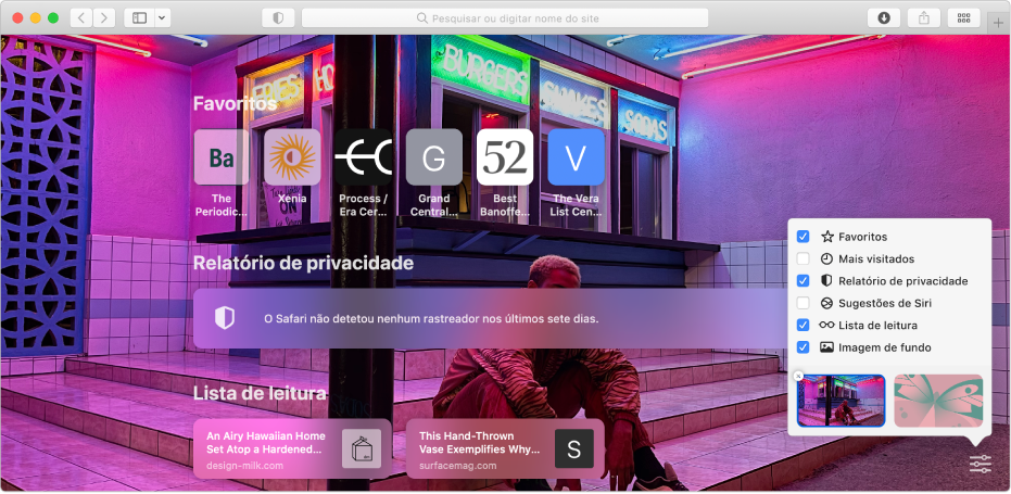 A página de entrada do Safari a mostrar os sites favoritos, um resumo do relatório de privacidade e opções da página de entrada.