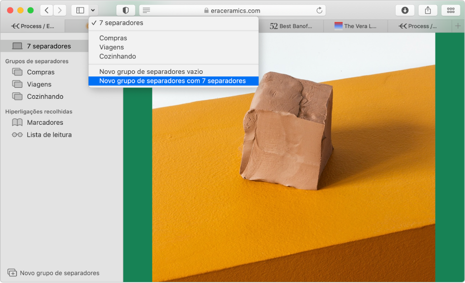 Uma janela do Safari a mostrar a barra lateral com grupos de separadores existentes, a janela principal com vários separadores abertos e opções para criar um novo grupo de separadores.