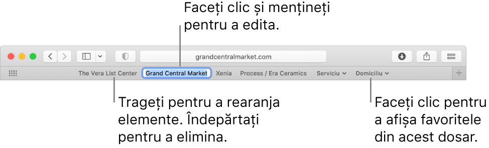 Bara de favorite având în interior câteva favorite și un dosar de favorite. Pentru a edita un semne de carte sau un dosar în bară, faceți clic și mențineți apăsat pe acestea. Pentru a rearanja articolele în bară, trageți-le. Pentru a elimina un articol, trageți-l departe de bară.