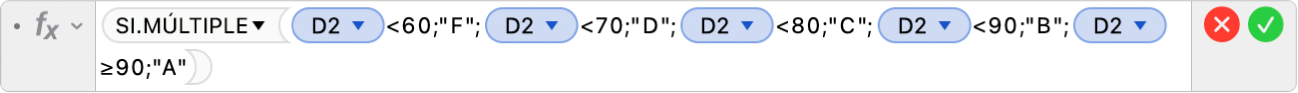 L'editor de fórmules mostra la fórmula =SI.MÚLTIPLE(D2<60,"F",D2<70,"D",D2<80,"C",D2<90,"B",D2≥90,"A").