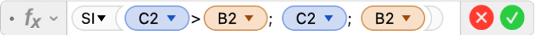 El editor de fórmulas muestra la fórmula =SI(C2>B2, C2, B2).