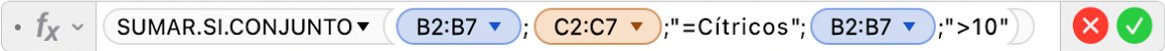 El editor de fórmulas muestra la fórmula =SUMA.SI.CONJUNTO(B2:B7,C2:C7,"=Cítricos",B2:B7,">10").