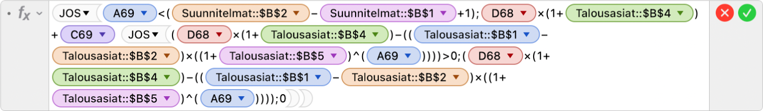 Kaavan muokkaajassa näkyy ehtoja ja yleismerkkejä, kuten < ja ^, käytettyinä JOS-funktion kanssa.