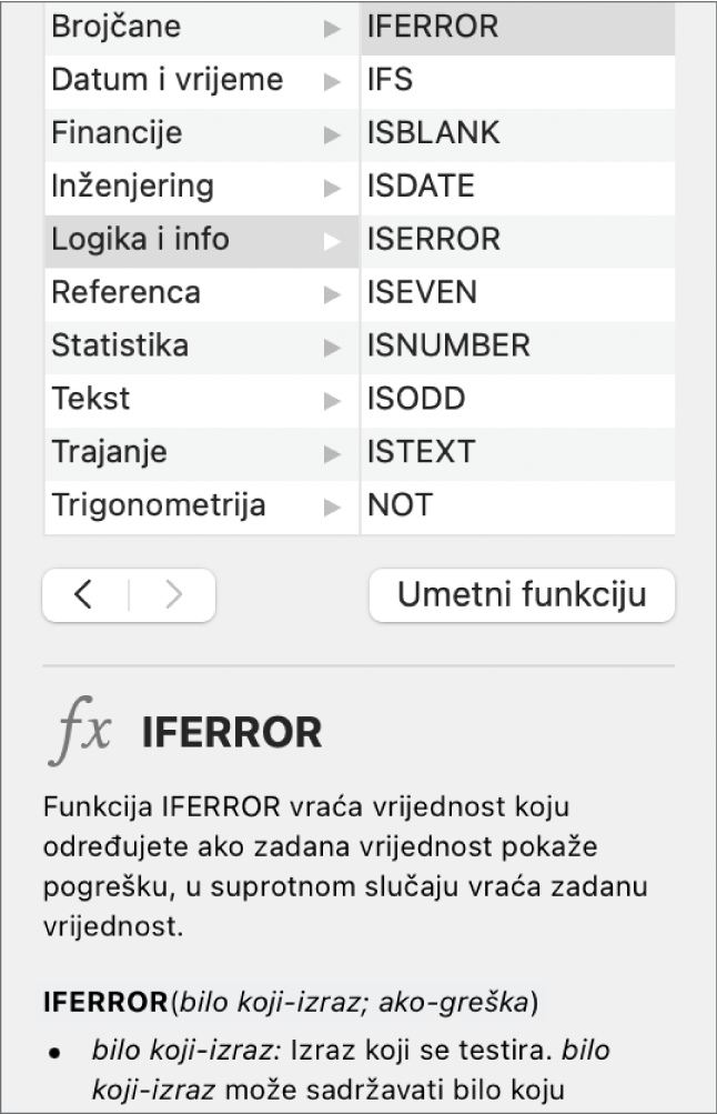 Preglednik funkcija s prikazom informacija za funkciju IFERROR.
