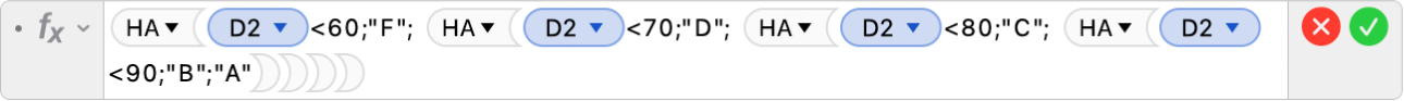 A Képletszerkesztő az =IF(D2<60,"F", IF(D2<70,"D", IF(D2<80,"C", IF(D2<90,"B","A")))) képlettel.