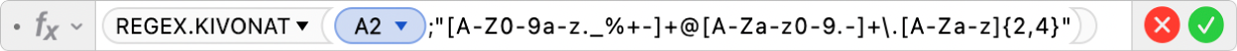 A Képletszerkesztő az =REGEX.KIVONAT(A2,"[A-Z0-9a-z._%+-]+@[A-Za-z0-9.-]+\.[A-Za-z]{2,4}") képlettel