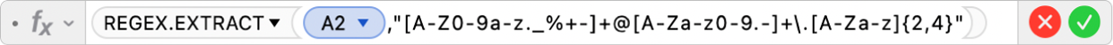 Editor Formula menunjukkan formula =REGEX.EXTRACT(A2,"[A-Z0-9a-z._%+-]+@[A-Za-z0-9.-]+\.[A-Za-z]{2,4}")