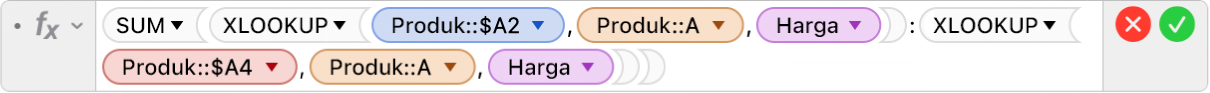 Editor formula menunjukkan formula =SUM(XLOOKUP(Produk::$A2,Produk::A,Harga):XLOOKUP(Produk::$A4,Produk::A,Harga)).