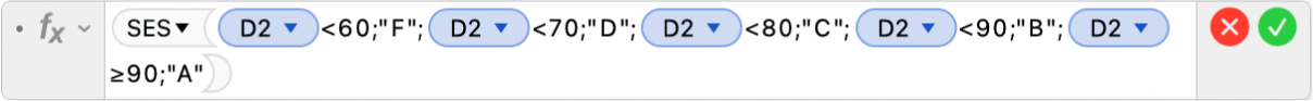 Editor de Fórmulas mostrando a fórmula =SES(D2<60,"F",D2<70,"D",D2<80,"C",D2<90,"B",D2≥90,"A").