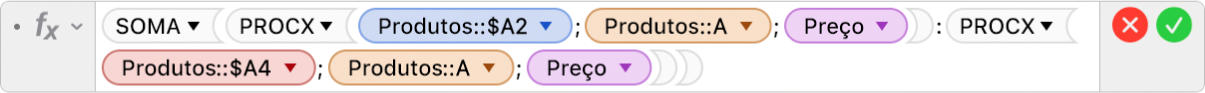 Editor de fórmulas mostrando a fórmula =SOMA(PROCX(Produtos::$A2,Produtos::A,Preço):PROCX(Produtos::$A4,Produtos::A,Preço)).