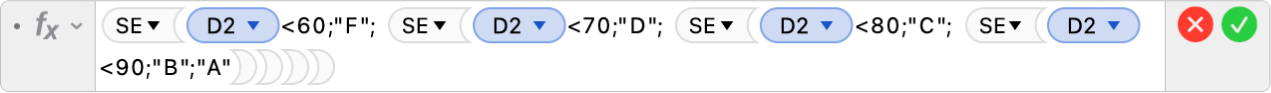 O editor de fórmulas a mostrar a fórmula =SE(D2<60,"F", SE(D2<70,"D", SE(D2<80,"C", SE(D2<90,”B”,"A")))).