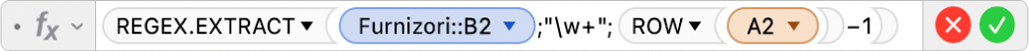 Editorul de formule afișând formula =REGEX.EXTRACT(Furnizori::B2;"\w+";ROW(A2)-1).