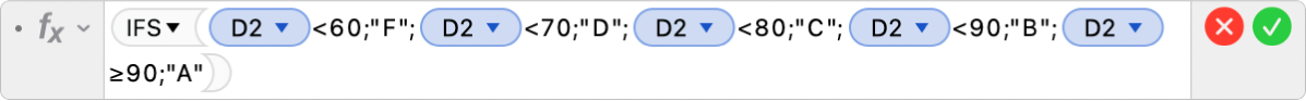 Editorul de formule afișând formula =IFS(D2<60;"F";D2<70;"D";D2<80;"C";D2<90;"B";D2≥90;"A").