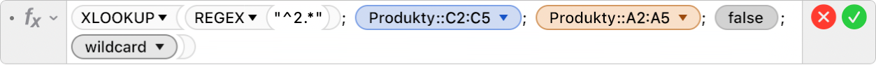 Editor vzorcov zobrazujúci vzorec =XLOOKUP(REGEX("^2.*"), Products::C2:C5, Produkty::A2:A5, FALSE,2).