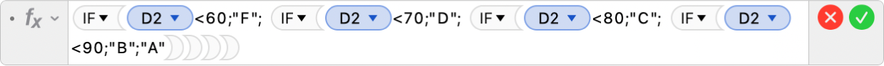 Editor vzorcov zobrazujúci vzorec =IF(D2<60,"F", IF(D2<70,"D", IF(D2<80,"C", IF(D2<90,"B","A")))).