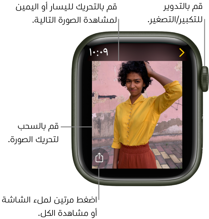 أثناء عرض صورة، قم بتدوير Digital Crown للتكبير، قم بالسحب للتحريك، أو اضغط مرتين للتبديل بين عرض كل الصور أو ملء الشاشة. قم بالتحريك لليسار أو اليمين لمشاهدة الصورة التالية. اضغط على زر واجهة الساعة في أسفل اليمين لإنشاء واجهة ساعة من الصورة.