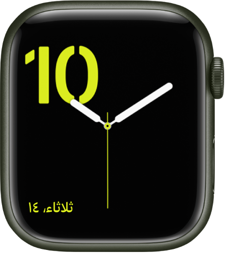 واجهة الساعة الرقمية تعرض نمط ستنسل باللون الأخضر وإضافة التقويم في أسفل اليمين.