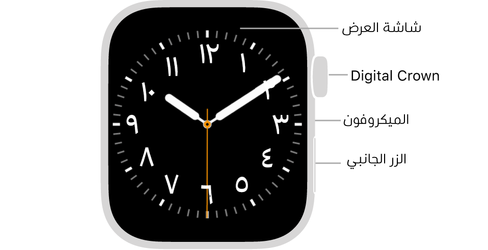 الجزء الأمامي من Apple Watch Series 7 وتظهر به شاشة العرض التي تعرض واجهة الساعة و Digital Crown والميكروفون والزر الجانبي من أعلى إلى أسفل على جانب الساعة.