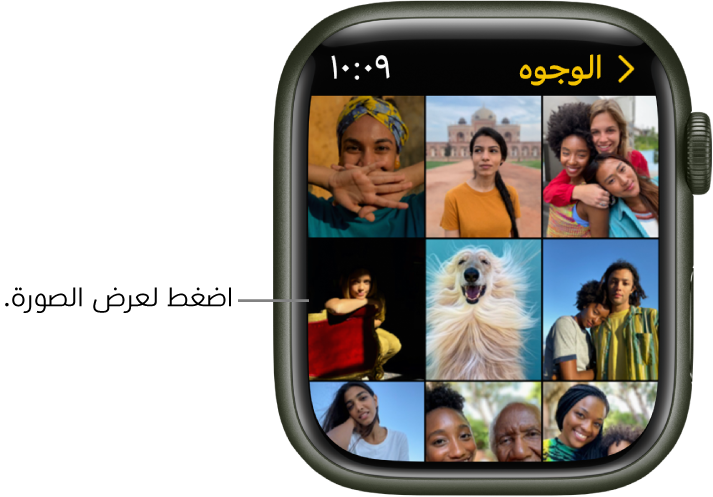 الشاشة الرئيسية لتطبيق الصور على Apple Watch، مع وجود عدة صور معروضة في الشبكة.