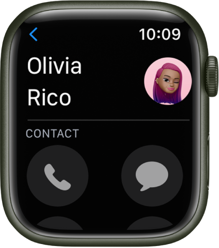Приложението Contacts (Контакти), показващо контакт. Името на контакта е близо до горния ляв край, а неговото изображение е горе вдясно. Отдолу са бутоните Phone (Телефон) и Messages (Съобщения).