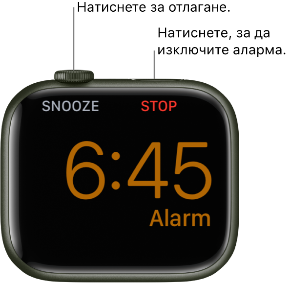 Apple Watch, поставен на една страна, екранът показва аларма, която се е включила. Под коронката Digital Crown е думата „Snooze“)(„Дрямка“). Думата „Stop“ („Стоп“) е под страничния бутон.