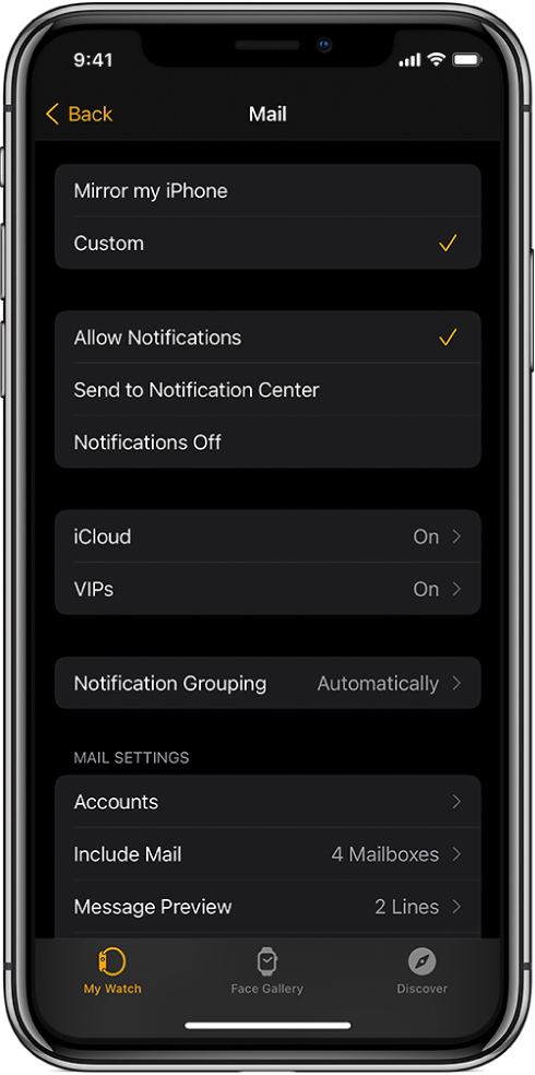Настройките на Mail (Поща) в приложението Apple Watch, показващи настройките за известия и регистрации за електронни адреси.