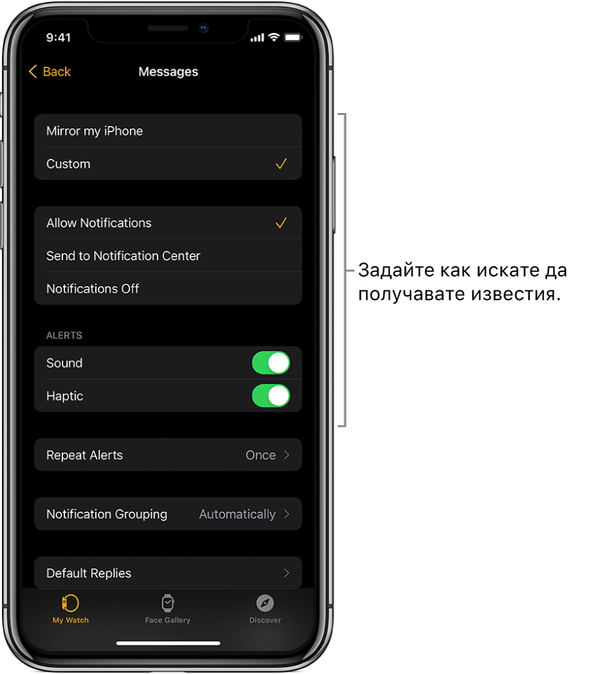 Настройки на съобщения в приложението Apple Watch на iPhone. Можете да изберете дали да се показват предупреждения, да включите звук, да включите осезаем сигнал и да повтаряте предупрежденията.
