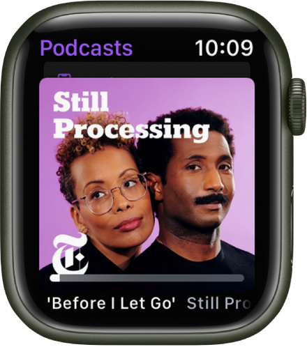Приложението Podcasts (подкасти) на Apple Watch показва корицата на подкаст. Докоснете корицата, за да възпроизведете епизода.