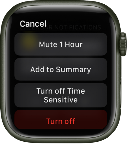 Настройки за известия на Apple Watch. На най-горния бутон пише „Mute 1 Hour“ („Заглушаване за 1 час“). Отдолу са бутоните за Add to Summary (Добавяне към обобщение), Turn off Time Sensitive (Изключване на зависими от датата и часа) и Turn Off (Изключване).