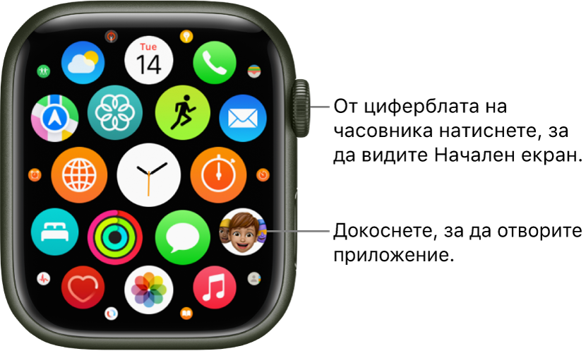 Начален екран на Apple Watch в изглед решетка, с приложения в група. Докоснете приложение, за да го отворите. Изтеглете, за да видите повече приложения.