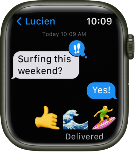 Apple Watch, показващ разговор в приложението Messages (Съобщения).