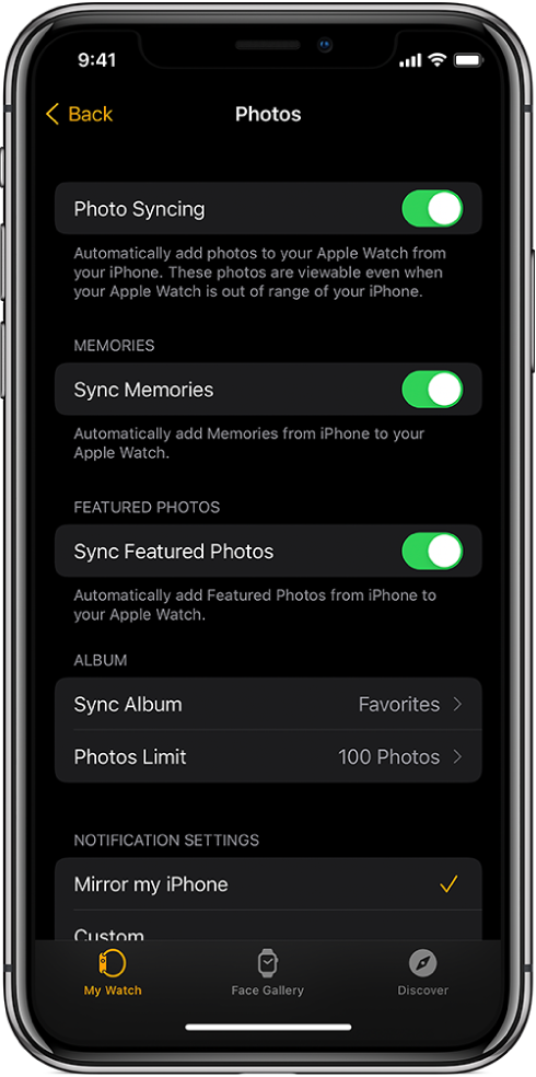 Настройките Photos (Снимки) в приложението Apple Watch на iPhone, в средата е настройката Photo Syncing (Синхронизиране на снимки), а под нея - настройката Photos Limit (Лимит за снимки).