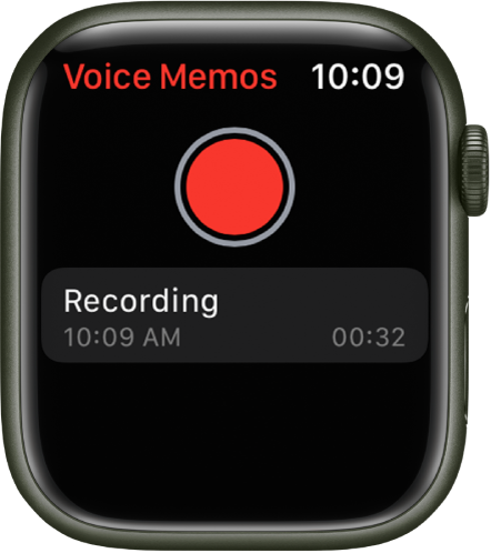 Apple Watch, показващ екрана Voice Memos (Гласови бележки). В горния край се появява червен бутон Record (Запис). Под него има записана бележка. Бележката показва времето на записване и нейната продължителността.