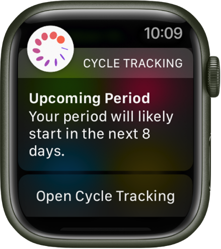 Apple Watch, показващ предвижаде за цикъл, гласящо „Upcoming Period. Your period will likely start in the next 8 days “. („Вашият цикъл вероятно ще започне след 8 дена“). Отдолу се появява бутон Open Cycle Tracking (Отвори Следене на цикъла).