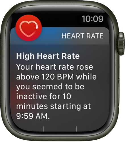 Екранът High Heart Rate (Ускорен сърдечен пулс), показващ известие, че пулсът ви е достигнал 120, докато сте били неактивни в продължение на 10 минути.