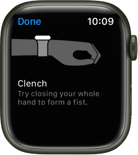 Екран AssistiveTouch, в който можете да опитате жест. Жестът Clench (Стискане с юмрук) показва илюстрация на ръка, стискаща юмрук.