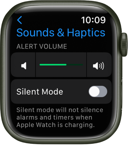 Настройките за звуци и осезания на Apple Watch с плъзгача за сила на звука на предупрежденията в горната част и превключвателят за тих режим под него.