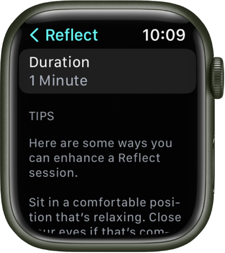 Екранът на приложението Mindfulness (Целенасоченост) показва времетраене от една минута в горната част. Отдолу са съвети за подобряване на сесия Reflect (Размишление).