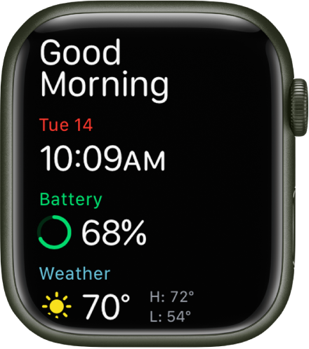 Apple Watch, показващ екрана за събуждане. В горния край се появяват думите Good Morning (Добро утро). Датата, часа, процента заряд на батерията и прогнозата за времето са отдолу.