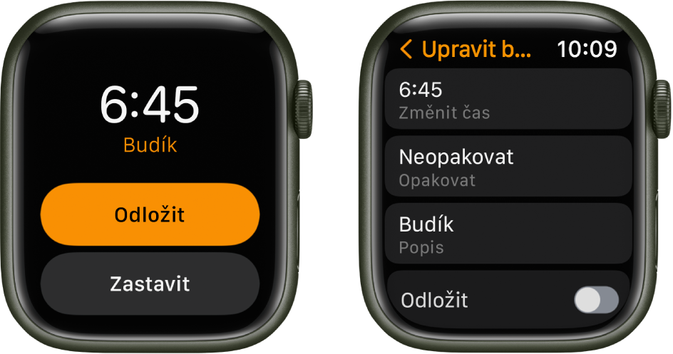 Dvě obrazovky hodinek: Na jedné je vidět ciferník s tlačítky Odložit a Zastavit, na druhé stránka Upravit budík s tlačítky pro změnu času, opakování a zapnutí budíku v dolní části. Úplně dole se zobrazuje přepínač Odložit. Tento přepínač je vypnutý.