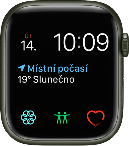 Ciferník Modulární, u nějž můžete upravit barvu. Nahoře se na něm zobrazuje datum a čas, uprostřed komplikace Povětrnostní podmínky a dole tři komplikace s malými číselníky: Mindfulness, Najít lidi a Srdeční tep.