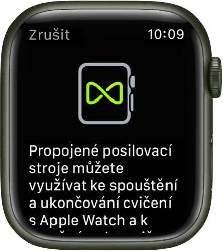Obrazovka párování, která se zobrazuje, když Apple Watch párujete s posilovacími stroji