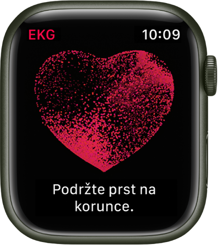 Aplikace EKG, v níž je vidět obrázek srdce a pokyn „Podržte prst na korunce“.