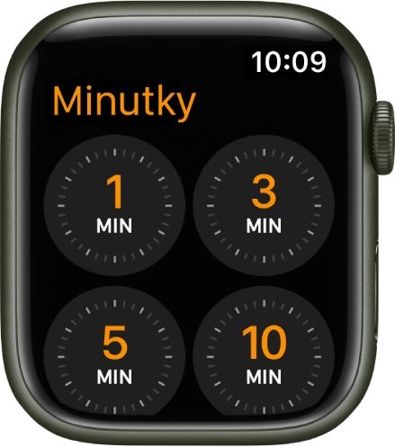Obrazovka aplikace Minutka s rychlými volbami nastavení minutky na 1, 3, 5 a 10 minut.