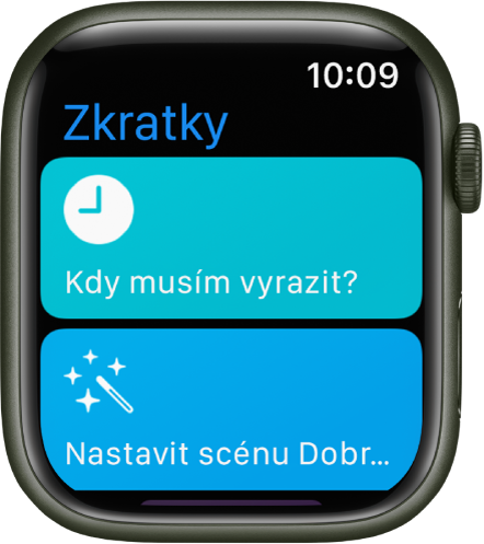 Aplikace Zkratky na Apple Watch se dvěma zobrazenými zkratkami – Kdy musím vyrazit? a Nastavit večerku.