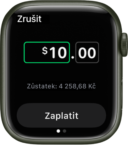 Obrazovka aplikace Zprávy s připravovanou platbou přes Apple Cash. Nahoře je uvedená částka v dolarech. Pod ní se zobrazuje aktuální zůstatek a dole tlačítko Zaplatit.